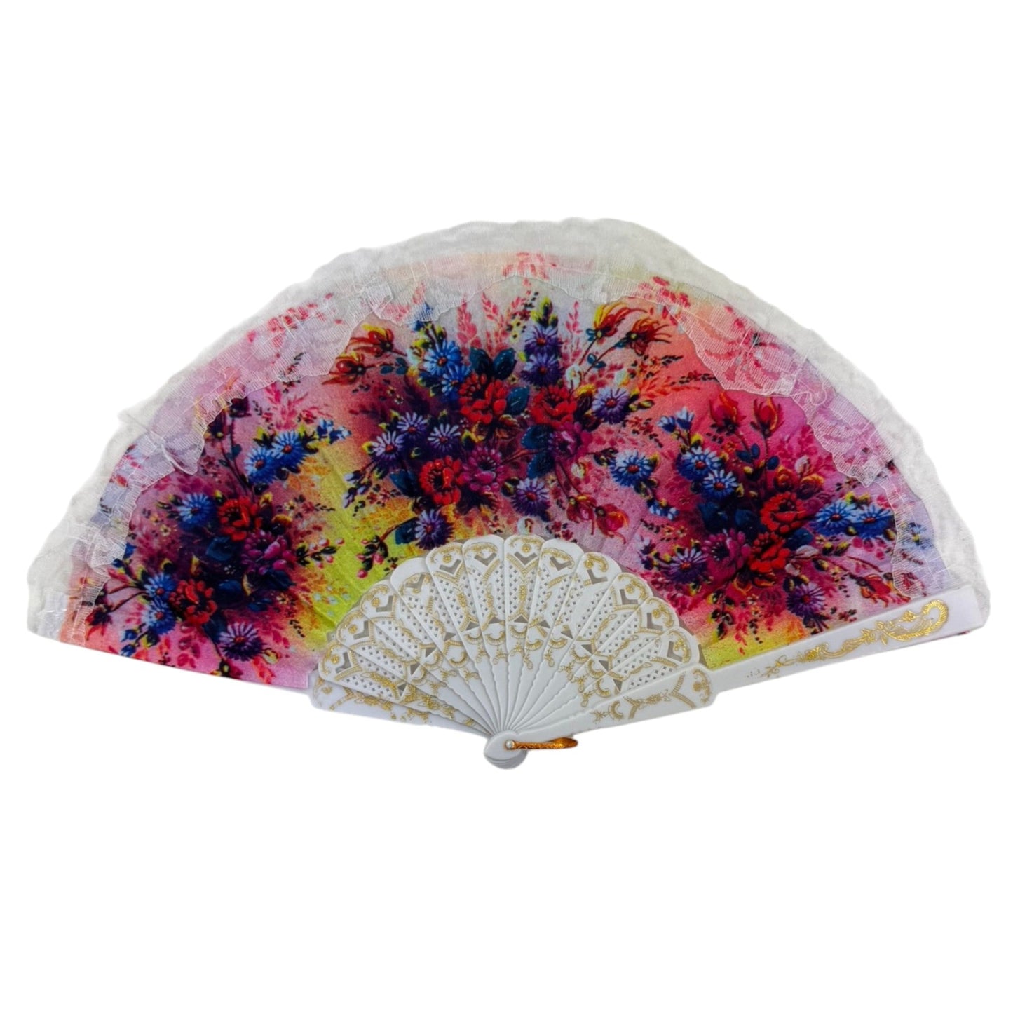Sheer Floral White Lace Trim Hand Held Folding Fan FN3773 (12PC)