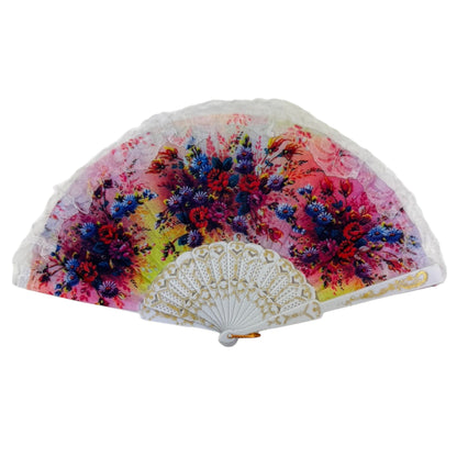 Sheer Floral White Lace Trim Hand Held Folding Fan FN3773 (12PC)