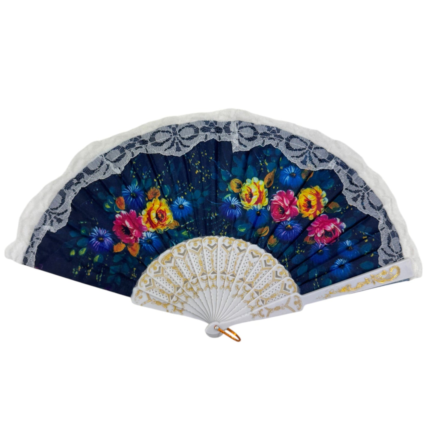 Sheer Floral White Lace Trim Hand Held Folding Fan FN3773 (12PC)