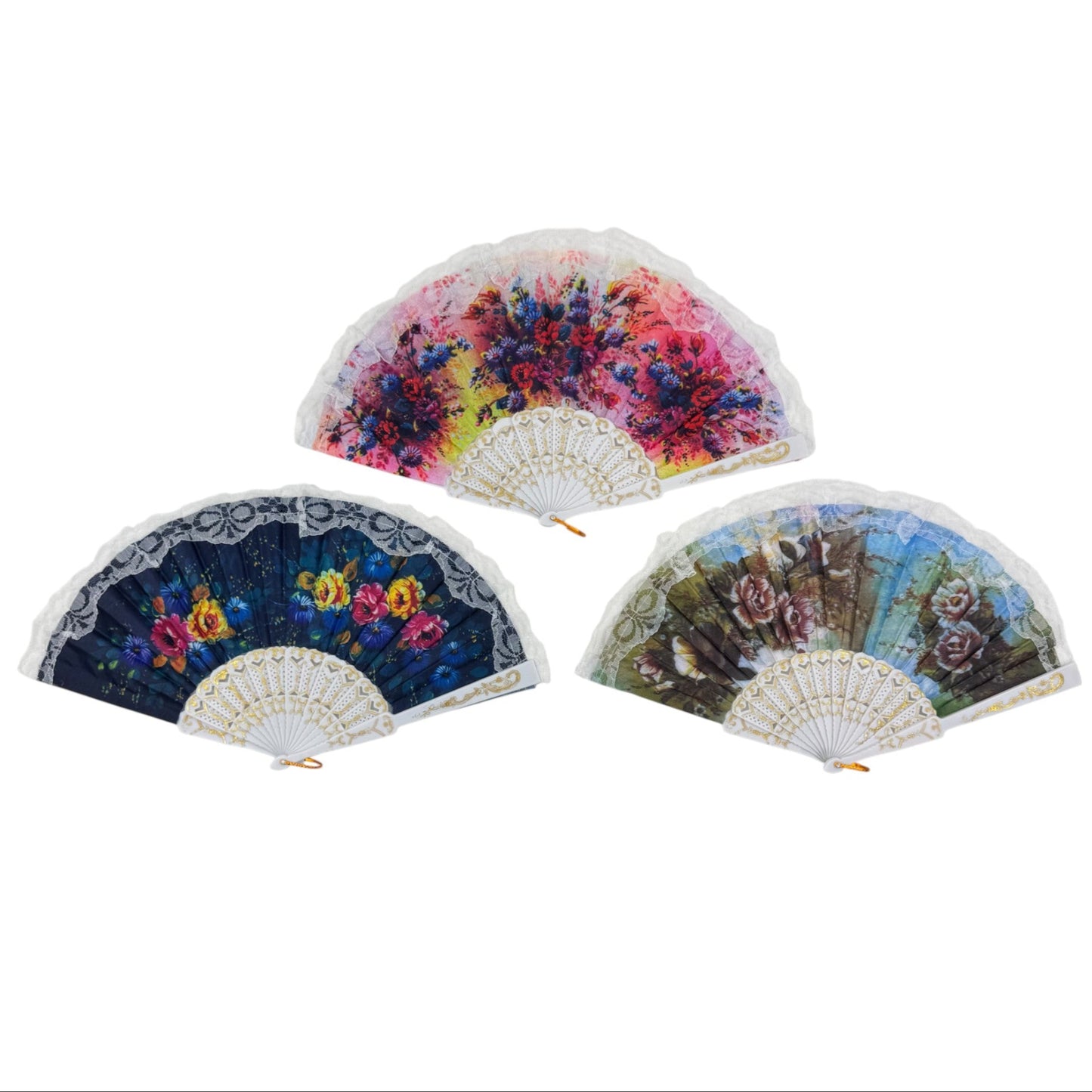 Sheer Floral White Lace Trim Hand Held Folding Fan FN3773 (12PC)