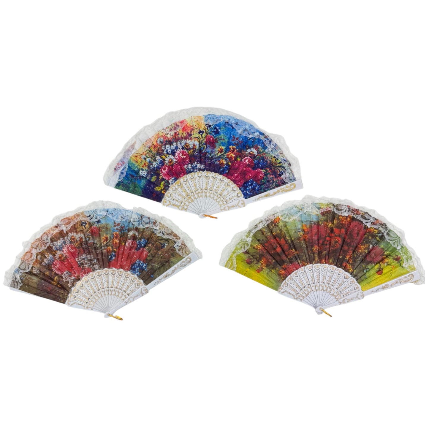 Sheer Floral White Lace Trim Hand Held Folding Fan FN3773 (12PC)