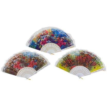 Sheer Floral White Lace Trim Hand Held Folding Fan FN3773 (12PC)
