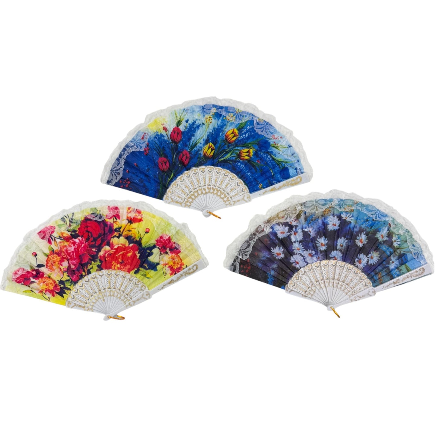 Sheer Floral White Lace Trim Hand Held Folding Fan FN3773 (12PC)