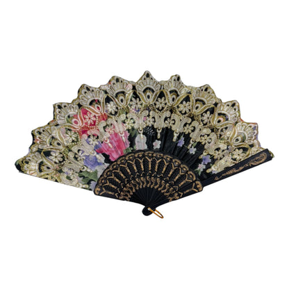 Peony Floral Gold Glitter Hand Held Folding Fan FN0440 (12PC)