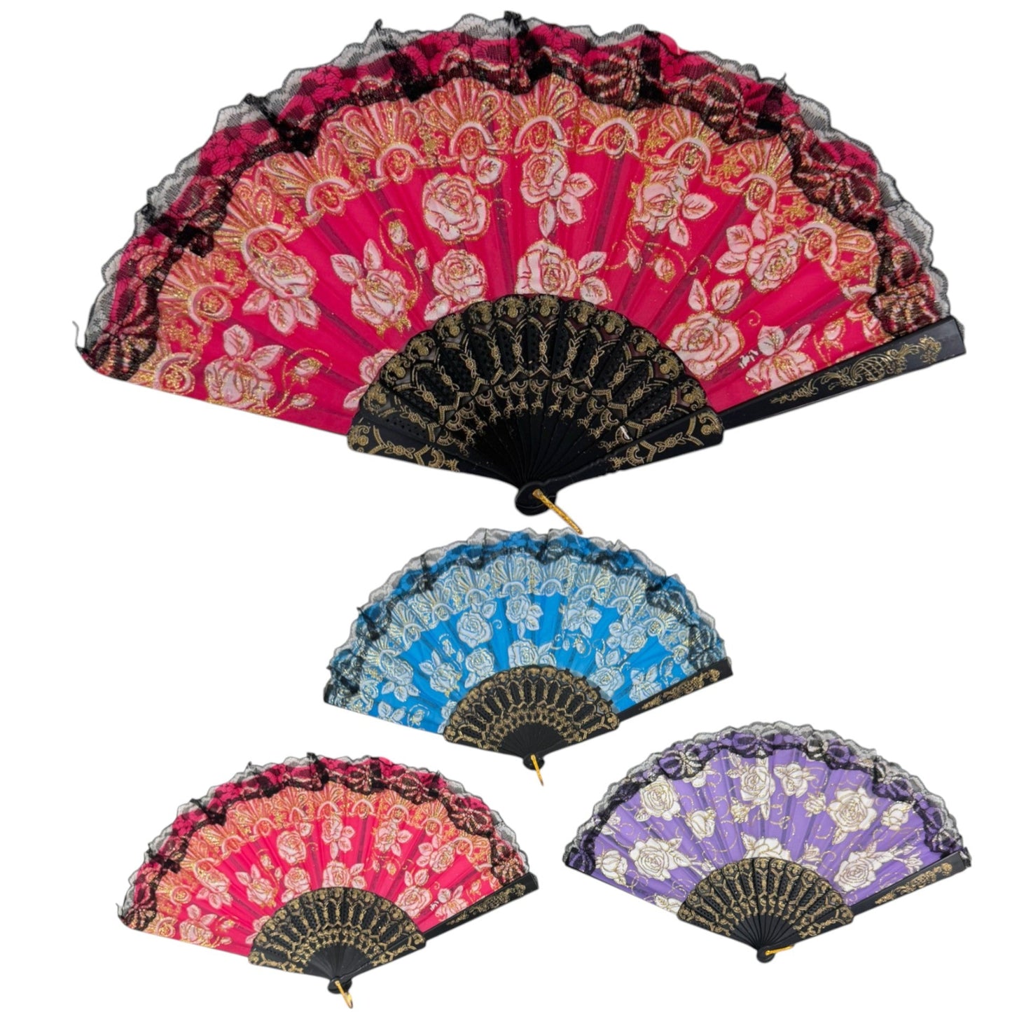 Rose Gold Glitter Lace Trim Hand Held Folding Fan FN4590. (12PC)