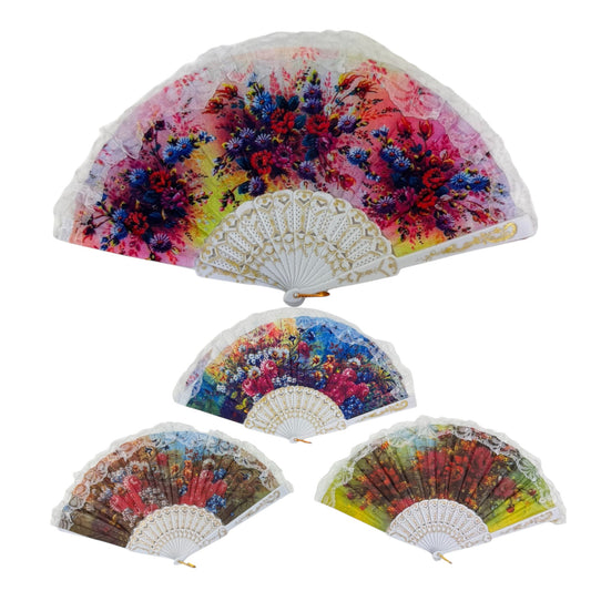 Sheer Floral White Lace Trim Hand Held Folding Fan FN3773 (12PC)