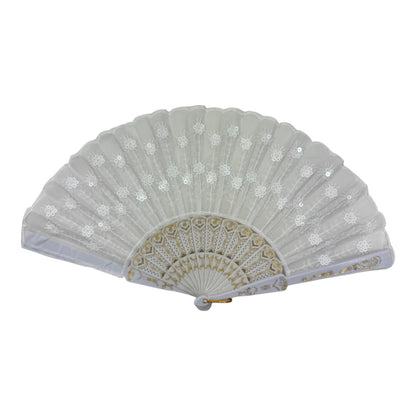 White Floral Sequin Hand Held Folding Fan FN7386(12PC)