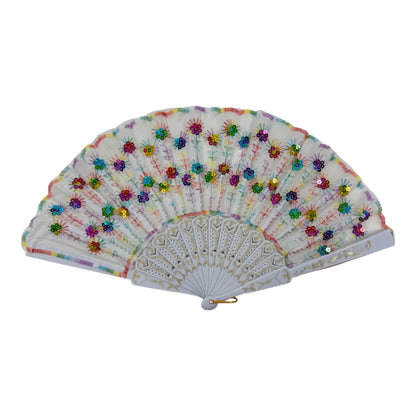 White Floral Sequin Hand Held Folding Fan FN7386(12PC)