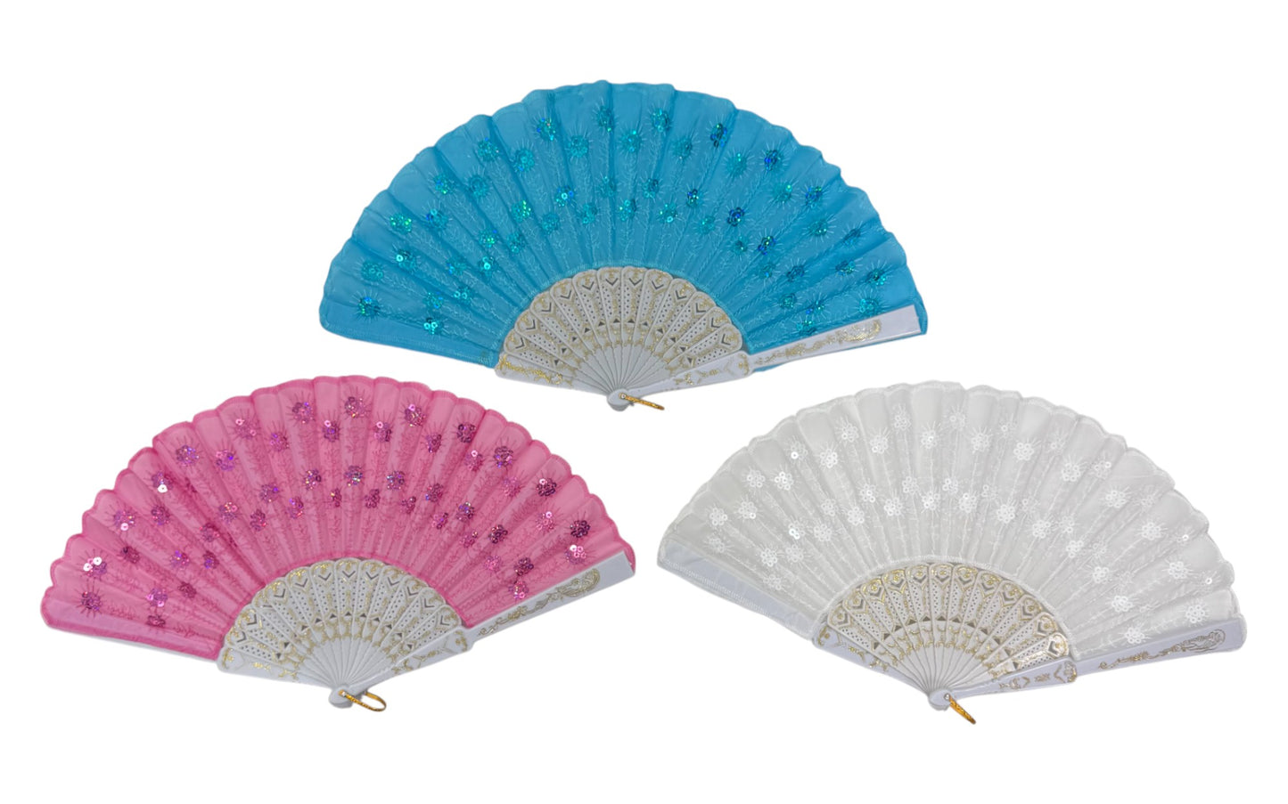 White Floral Sequin Hand Held Folding Fan FN7386(12PC)