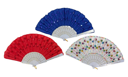 White Floral Sequin Hand Held Folding Fan FN7386(12PC)