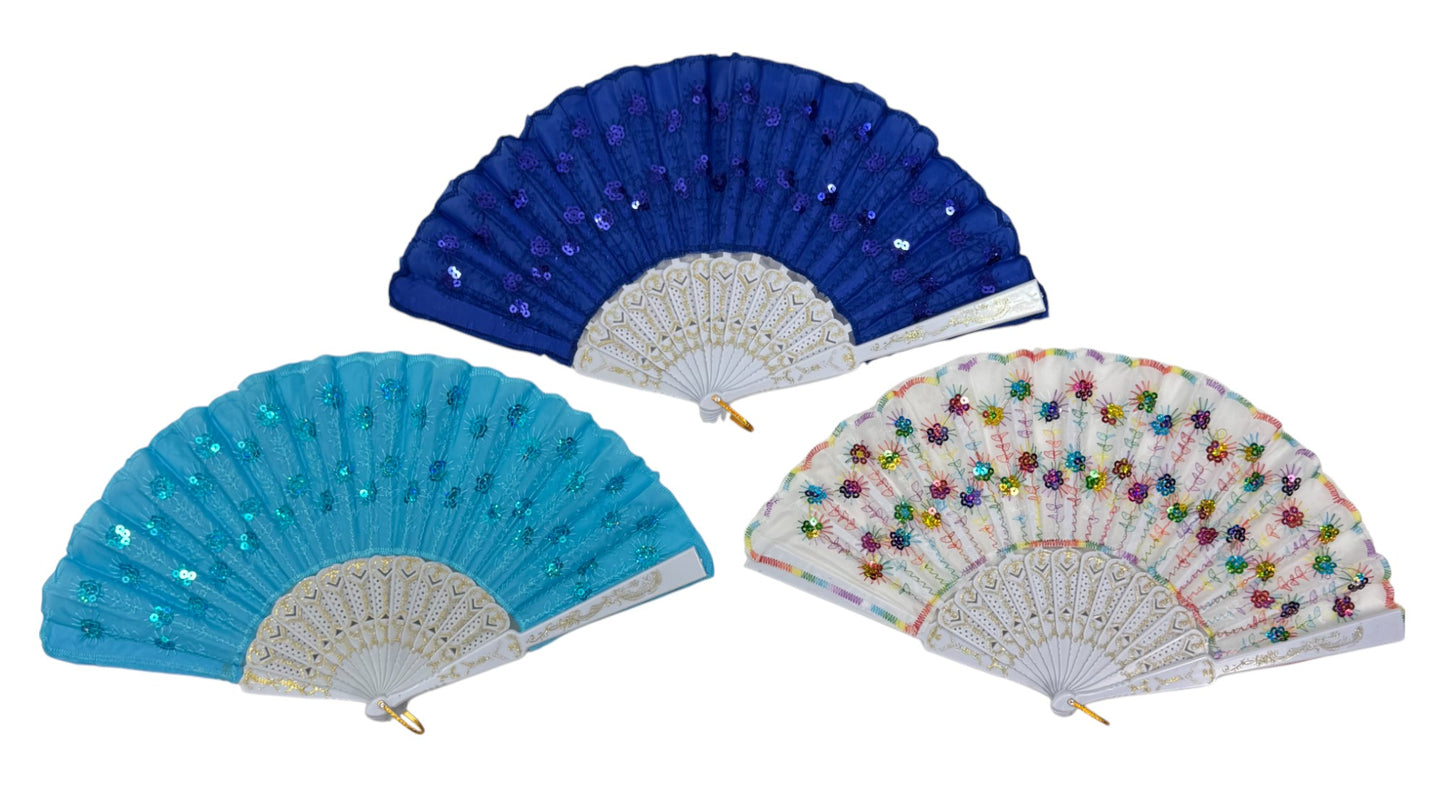 White Floral Sequin Hand Held Folding Fan FN7386(12PC)