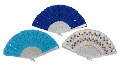 White Floral Sequin Hand Held Folding Fan FN7386(12PC)