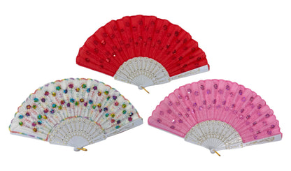 White Floral Sequin Hand Held Folding Fan FN7386(12PC)