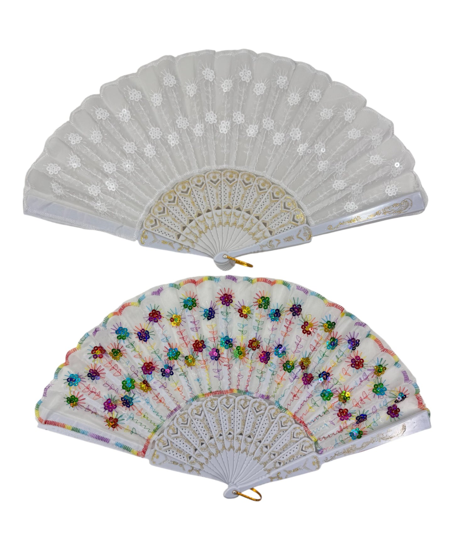 White Floral Sequin Hand Held Folding Fan FN7386(12PC)