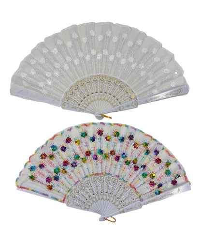 White Floral Sequin Hand Held Folding Fan FN7386(12PC)