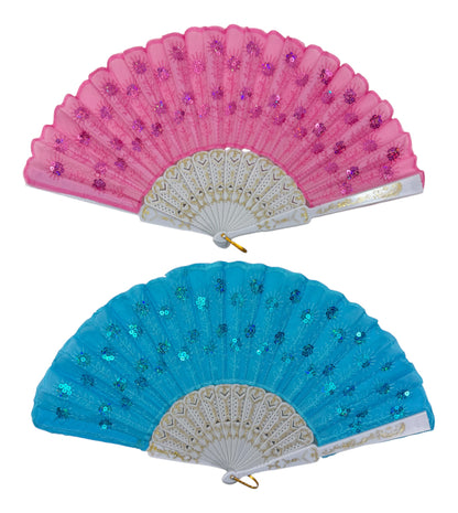 White Floral Sequin Hand Held Folding Fan FN7386(12PC)