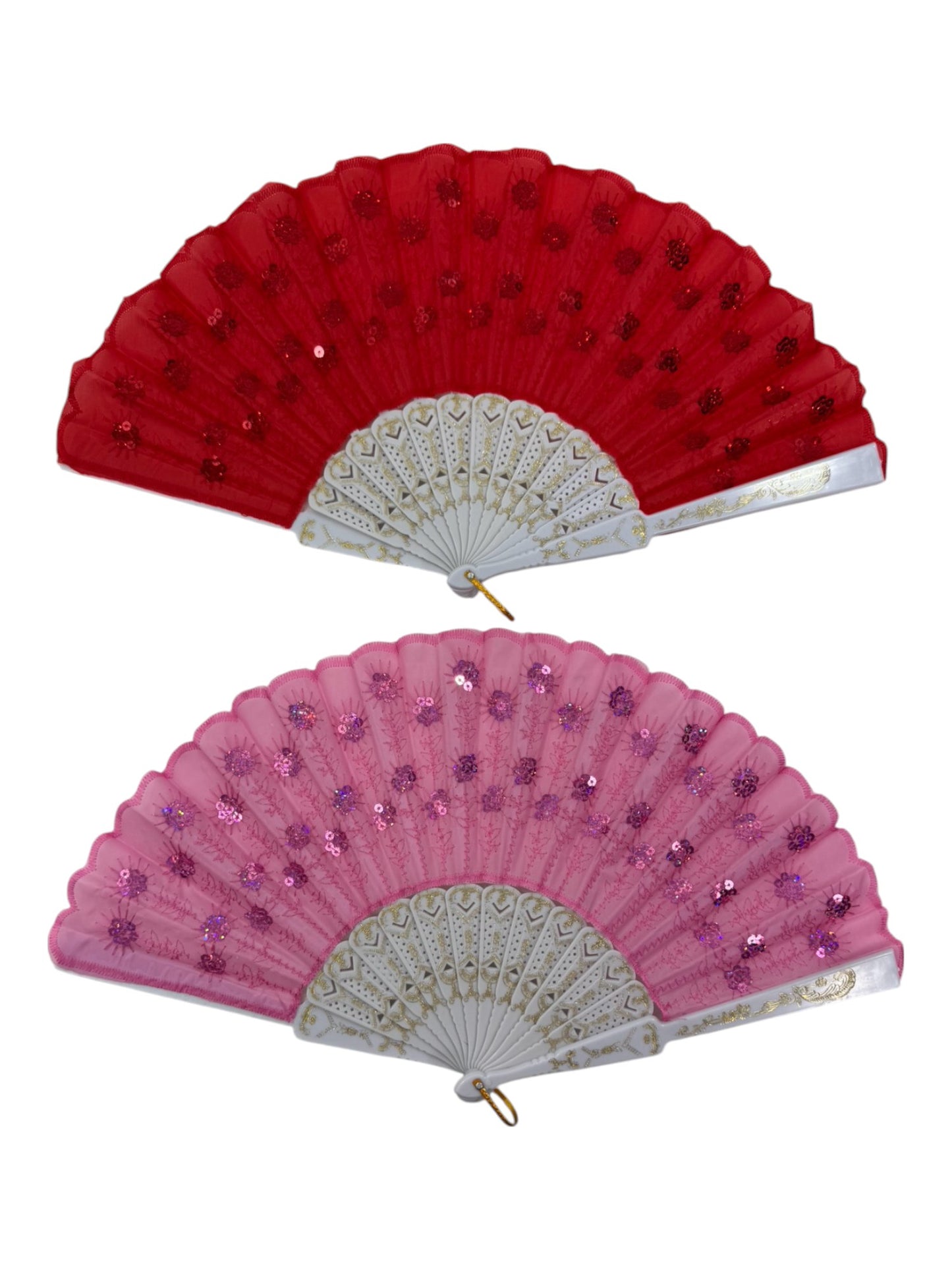 White Floral Sequin Hand Held Folding Fan FN7386(12PC)