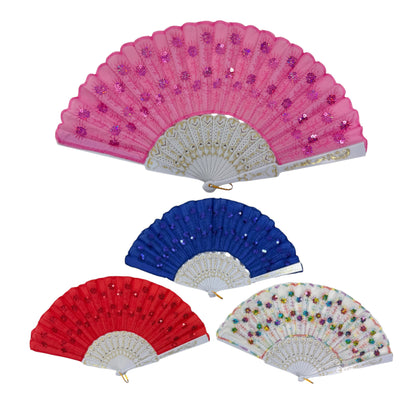 White Floral Sequin Hand Held Folding Fan FN7386(12PC)