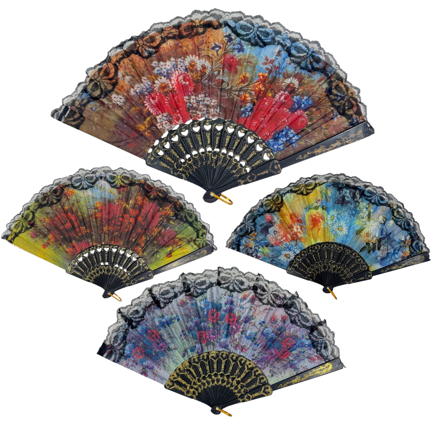 Sheer Floral Black Lace Trim Hand Held Folding Fan FN3772. (12PC)