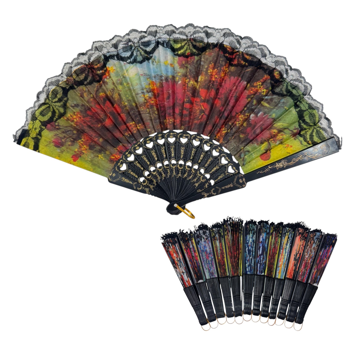 Sheer Floral Black Lace Trim Hand Held Folding Fan FN3772. (12PC)