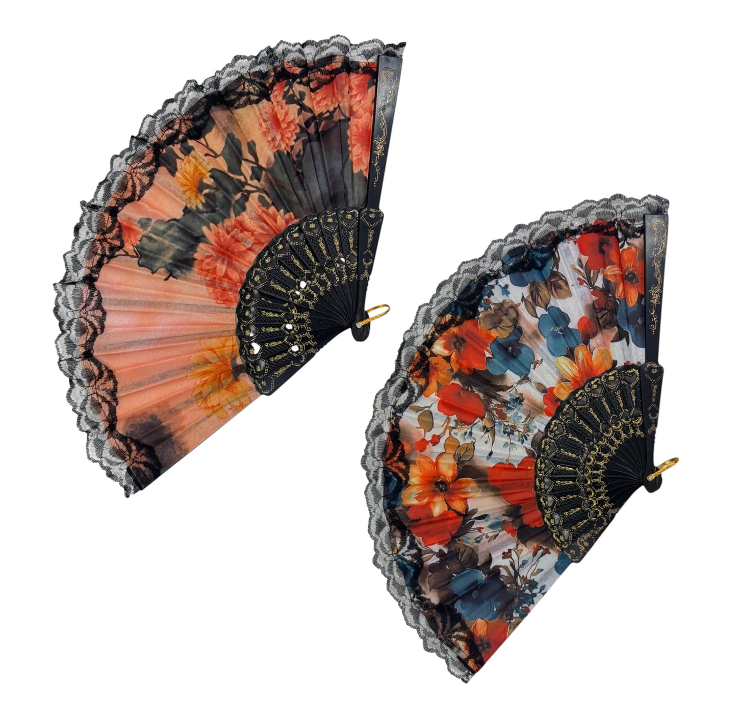 Sheer Floral Black Lace Trim Hand Held Folding Fan FN3772. (12PC)