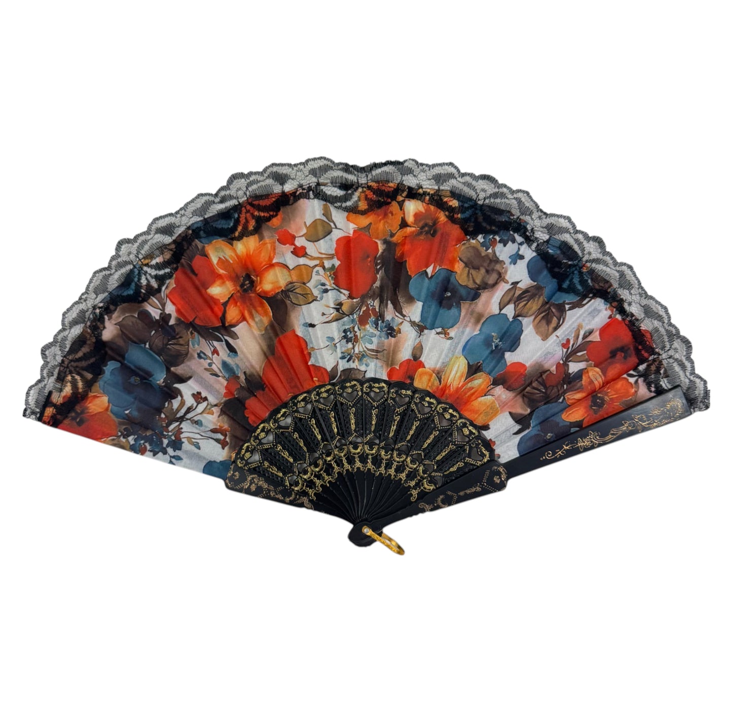 Sheer Floral Black Lace Trim Hand Held Folding Fan FN3772. (12PC)
