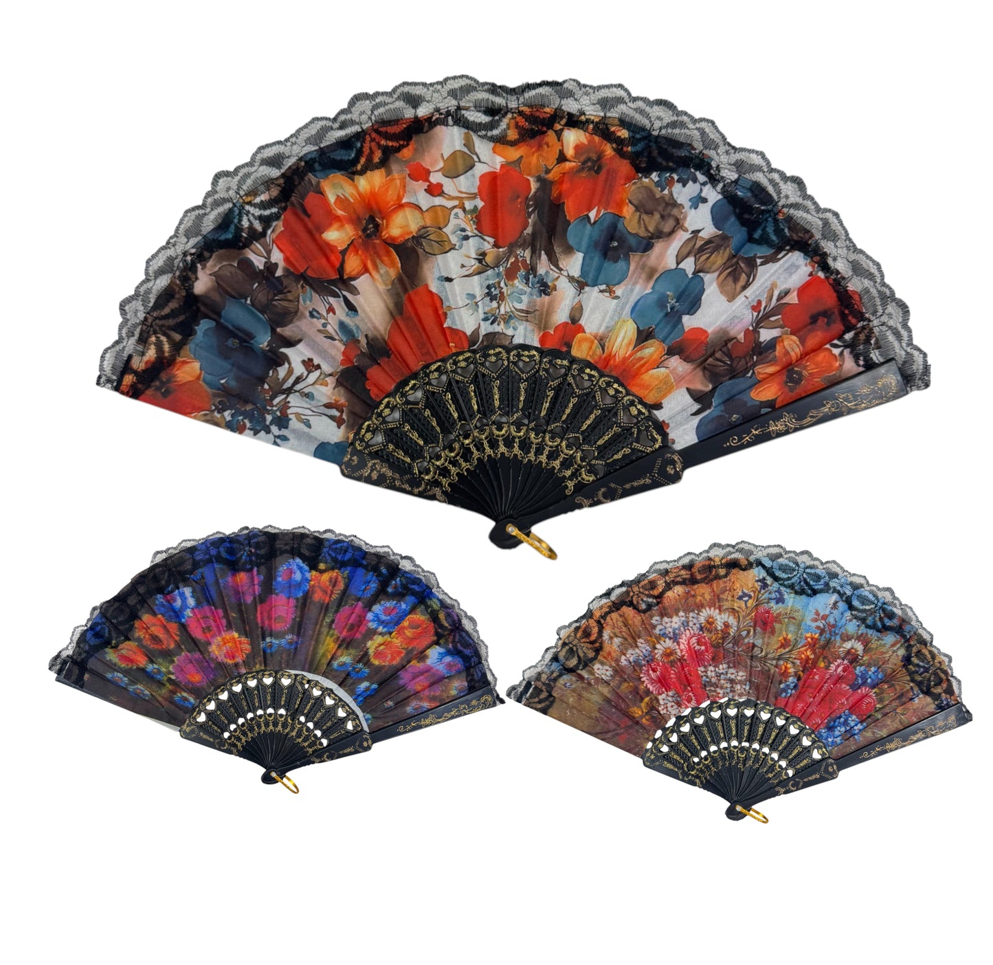 Sheer Floral Black Lace Trim Hand Held Folding Fan FN3772. (12PC)