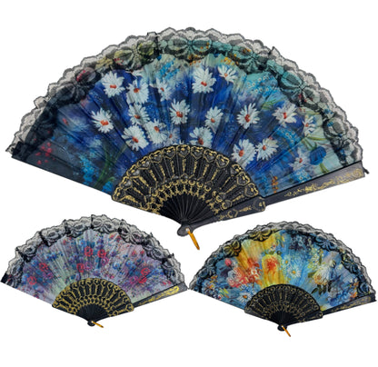 Sheer Floral Black Lace Trim Hand Held Folding Fan FN3772. (12PC)