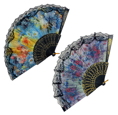 Sheer Floral Black Lace Trim Hand Held Folding Fan FN3772. (12PC)