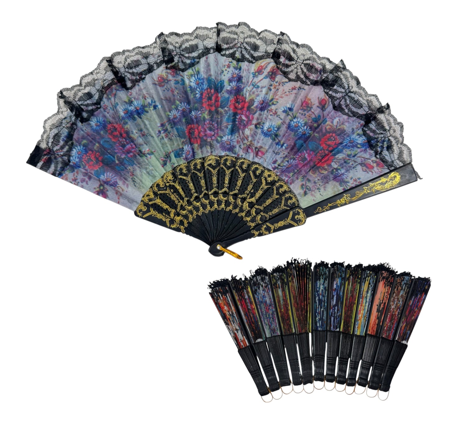 Sheer Floral Black Lace Trim Hand Held Folding Fan FN3772. (12PC)