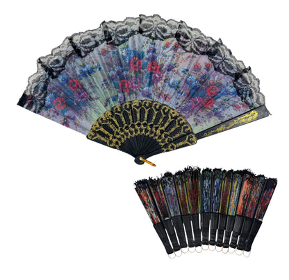 Sheer Floral Black Lace Trim Hand Held Folding Fan FN3772. (12PC)