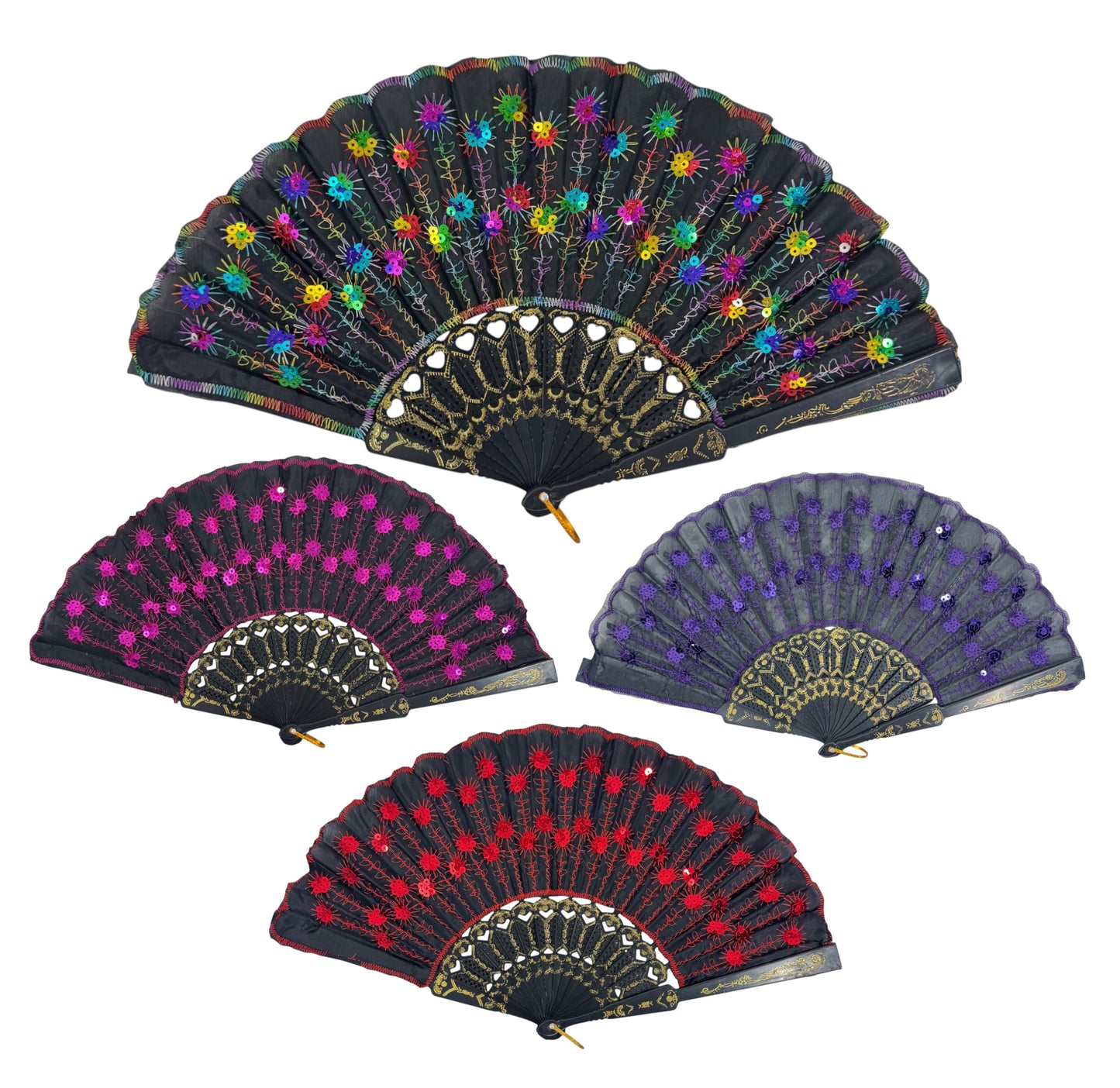 Black Floral Sequin Hand Held Folding Fan FN7387 (12PC)