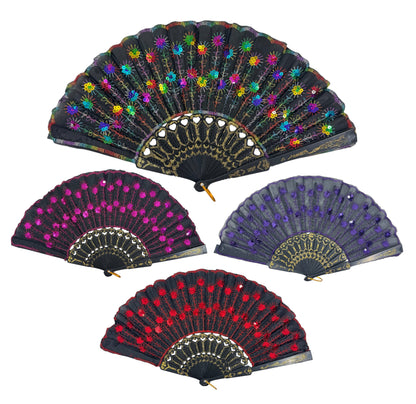 Black Floral Sequin Hand Held Folding Fan FN7387 (12PC)