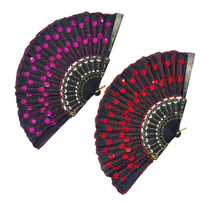 Black Floral Sequin Hand Held Folding Fan FN7387 (12PC)
