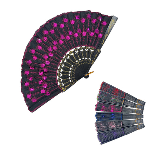 Black Floral Sequin Hand Held Folding Fan FN7387. (12PC)