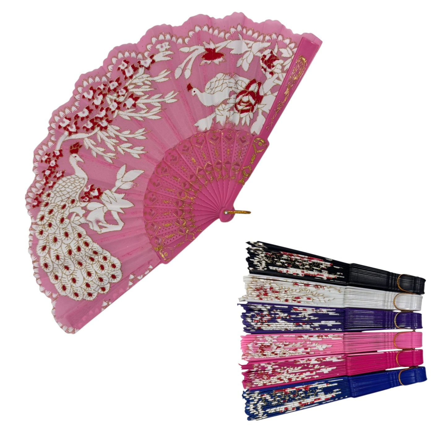 Peacock Floral Gold Glitter Hand Held Folding Fan FN9471. (12PC)