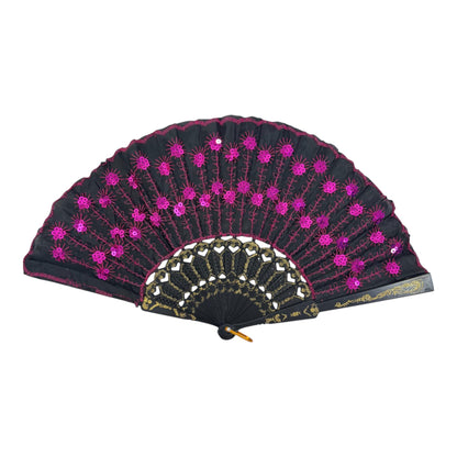 Black Floral Sequin Hand Held Folding Fan FN7387 (12PC)
