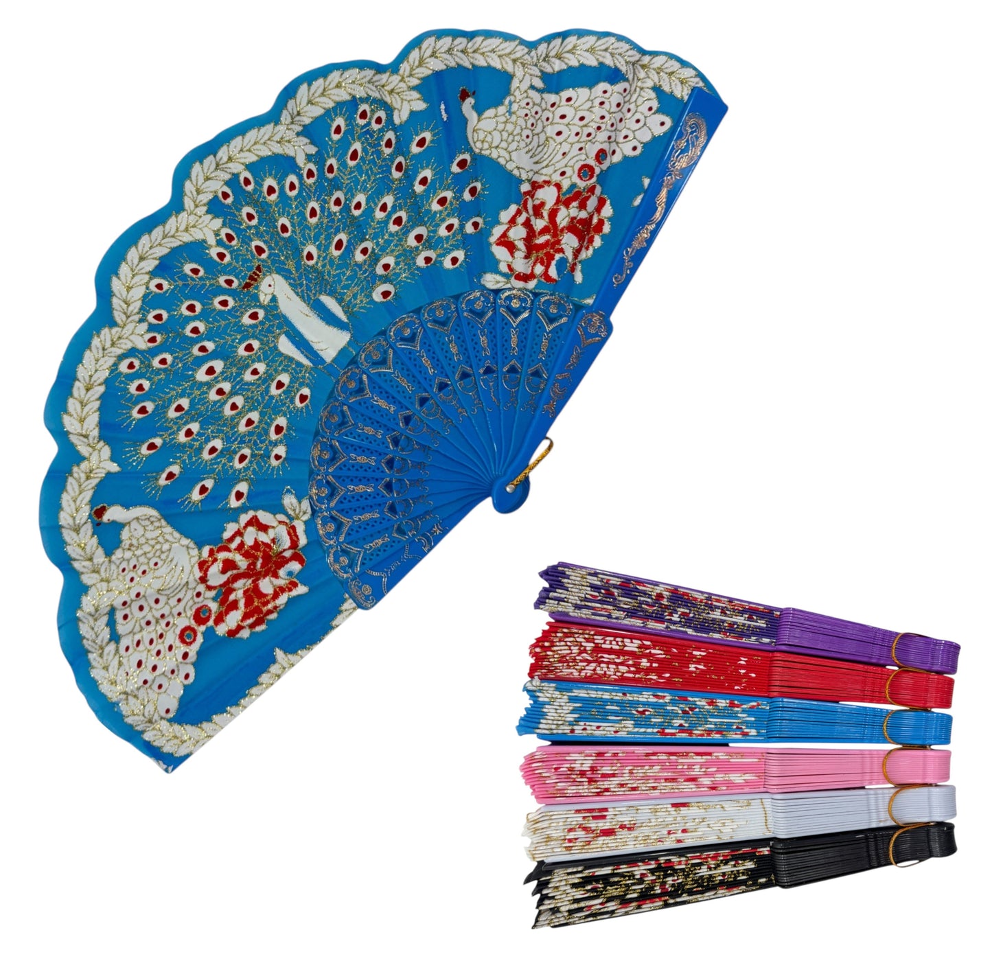 Peacock Floral Gold Glitter Hand Held Folding Fan FN0266 (12PC)