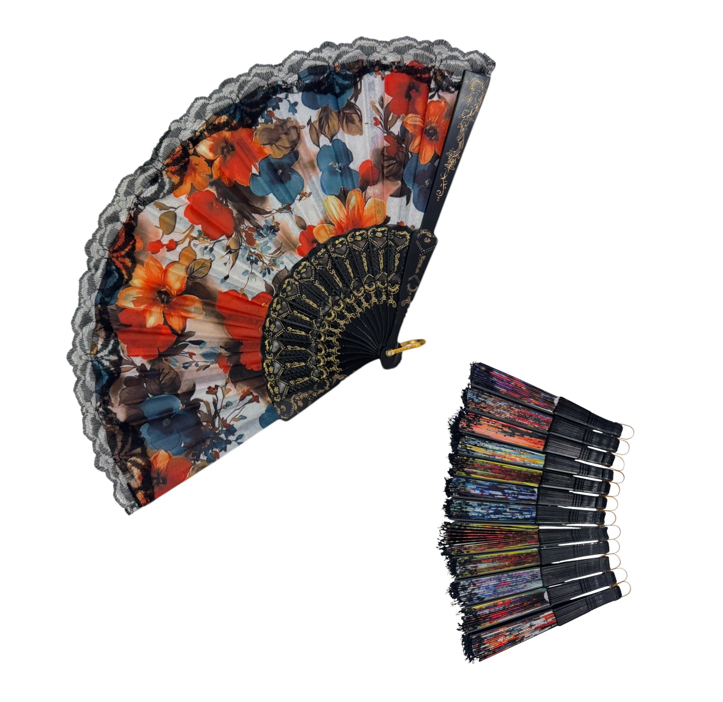 Sheer Floral Black Lace Trim Hand Held Folding Fan FN3772. (12PC)