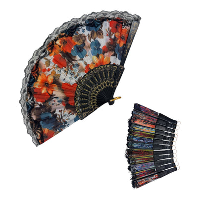 Sheer Floral Black Lace Trim Hand Held Folding Fan FN3772. (12PC)