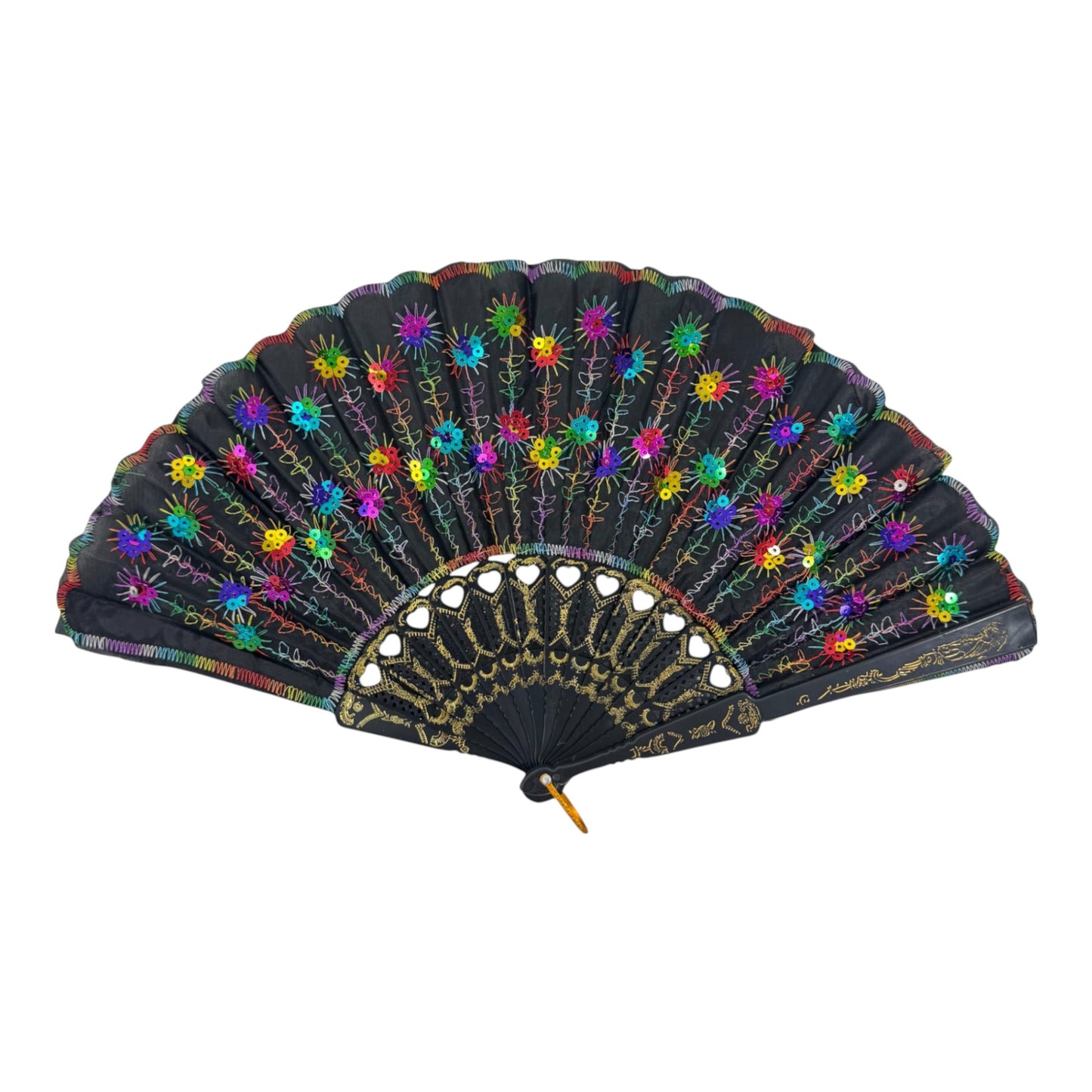 Black Floral Sequin Hand Held Folding Fan FN7387 (12PC)