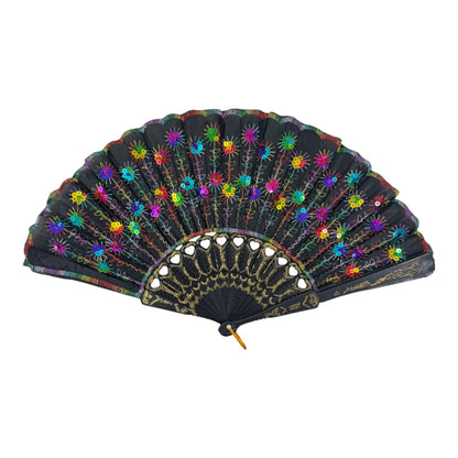 Black Floral Sequin Hand Held Folding Fan FN7387 (12PC)