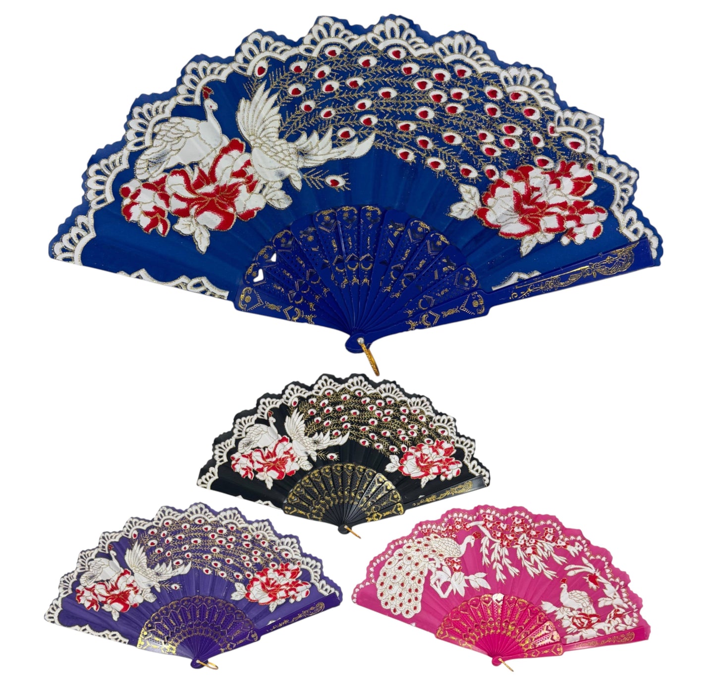 Peacock Floral Gold Glitter Hand Held Folding Fan FN9471. (12PC)