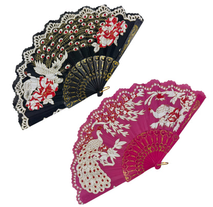 Peacock Floral Gold Glitter Hand Held Folding Fan FN9471. (12PC)