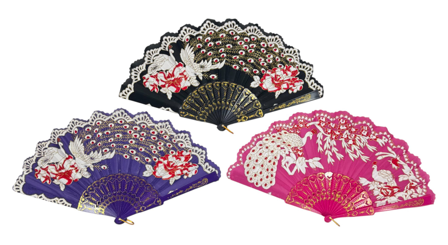 Peacock Floral Gold Glitter Hand Held Folding Fan FN9471. (12PC)