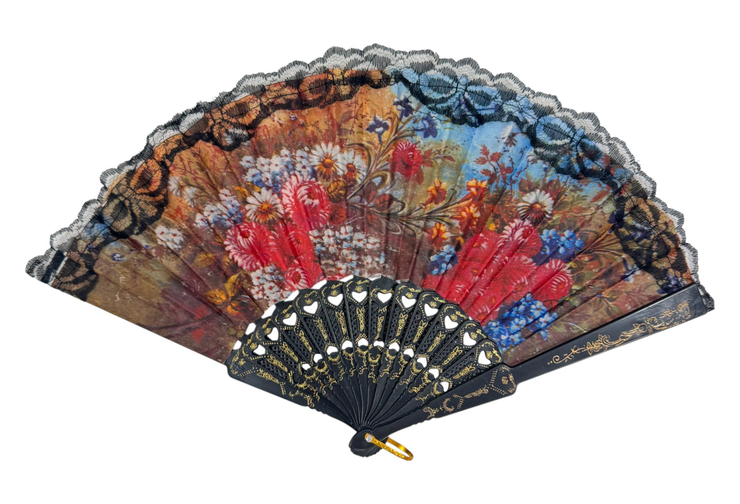 Sheer Floral Black Lace Trim Hand Held Folding Fan FN3772. (12PC)