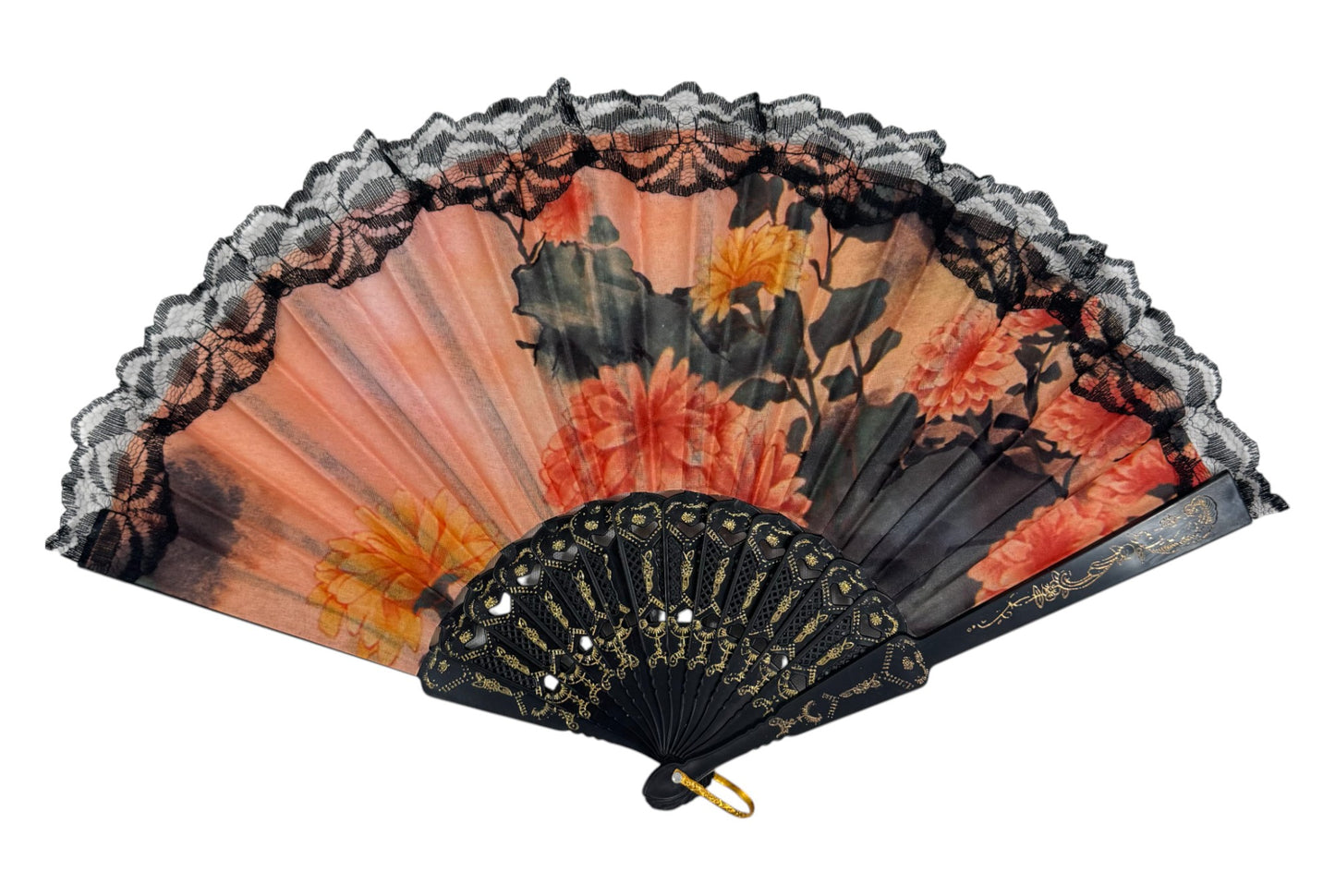 Sheer Floral Black Lace Trim Hand Held Folding Fan FN3772. (12PC)