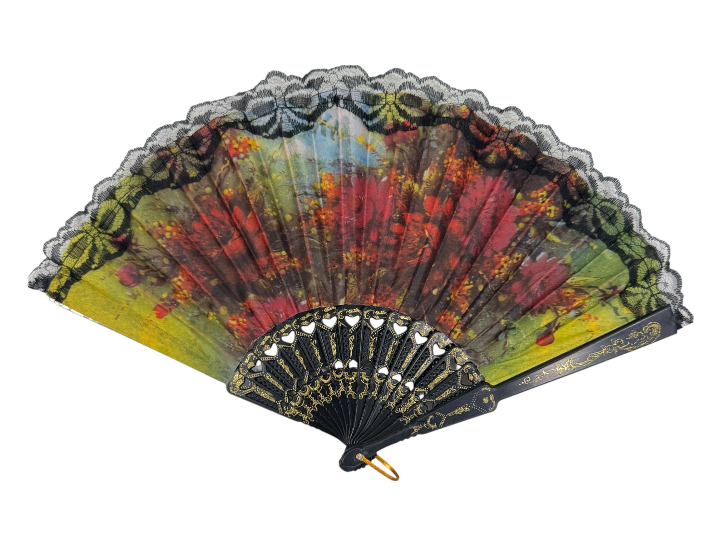 Sheer Floral Black Lace Trim Hand Held Folding Fan FN3772. (12PC)
