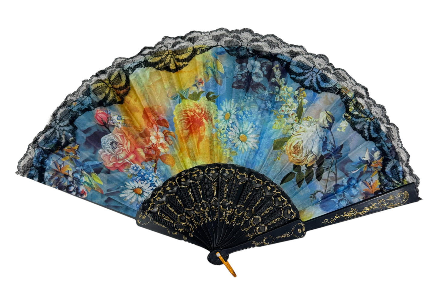 Sheer Floral Black Lace Trim Hand Held Folding Fan FN3772. (12PC)