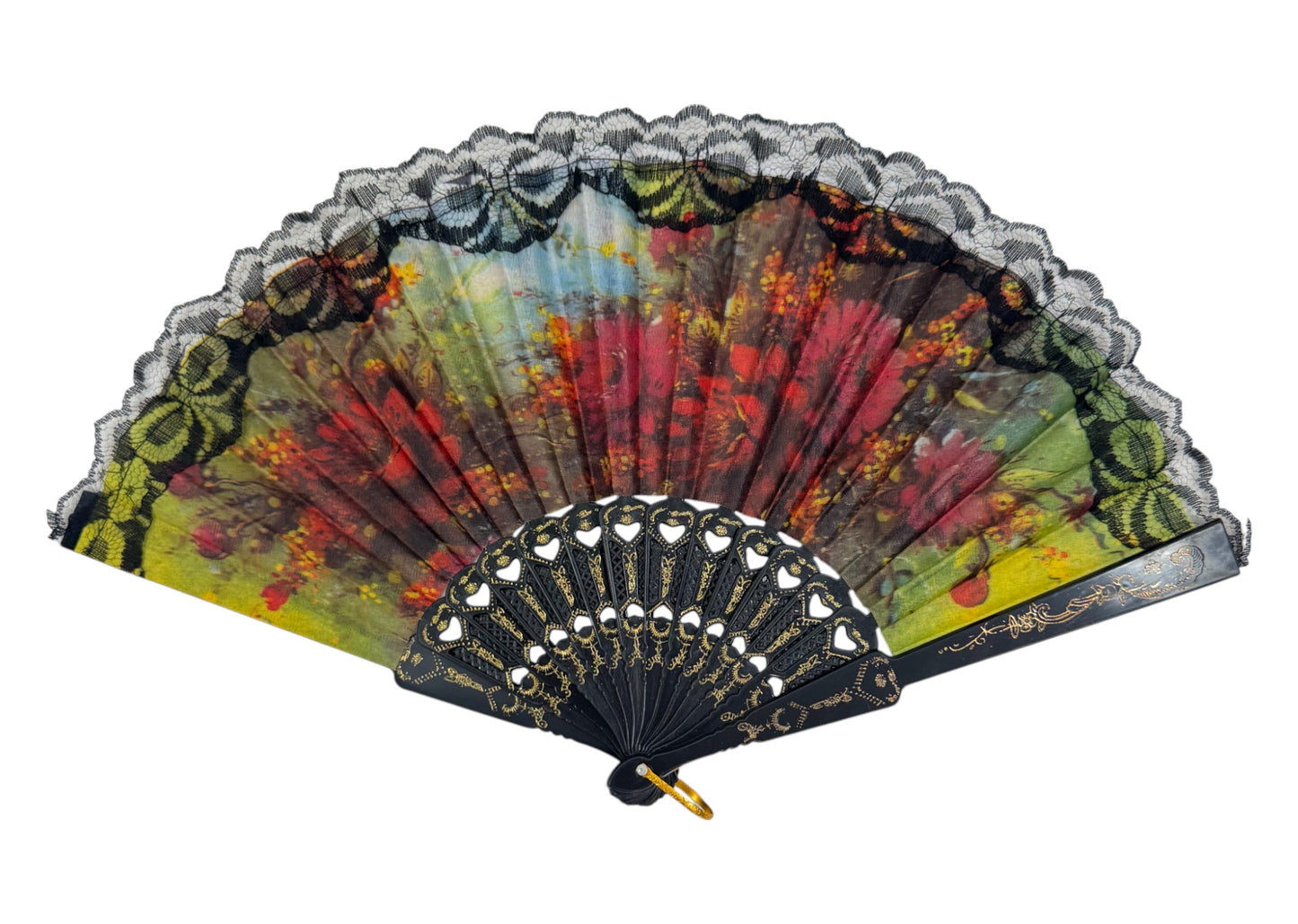 Sheer Floral Black Lace Trim Hand Held Folding Fan FN3772. (12PC)